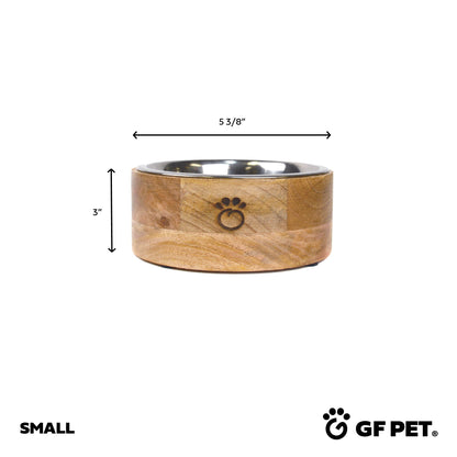 Purrfect Pet Kingdom small mango wood elevated feeder with stainless steel bowl. Dimensions: 3" H x 5 3/8" W.