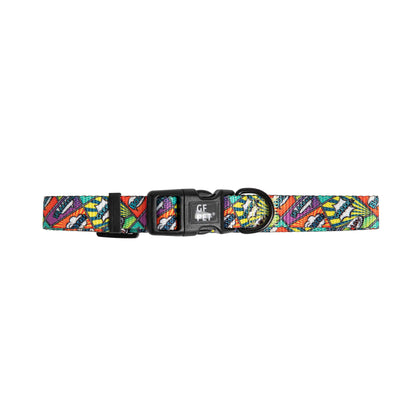 GF Pet nylon dog collar with colorful comic book print, black plastic buckle, and metal D-ring.