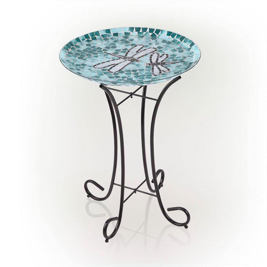 Teal Green Blue White Mosaic Glass Birdbath Bowl with Black
