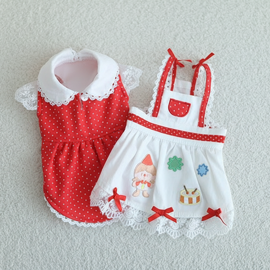 Dog  dresses 2-piece set red cute dot