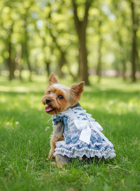 Pet Dress Lace Pearl Dog Outfit Elegant Blue - Purrfect Pet Kingdom