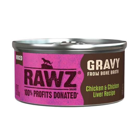 RAWZ 5.5oz Minced Chicken and Chicken Liver in Gravy wet cat food can with pink and brown branding.