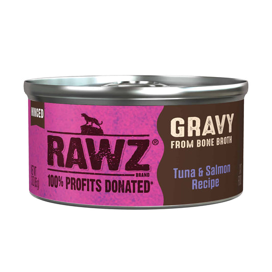 Rawz 5.5oz Minced Tuna & Salmon wet cat food can with gravy from bone broth, featuring pink and brown branding.