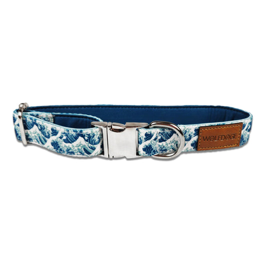 Dog Collar Japanese Wave Pattern Blue Silver 🌊
