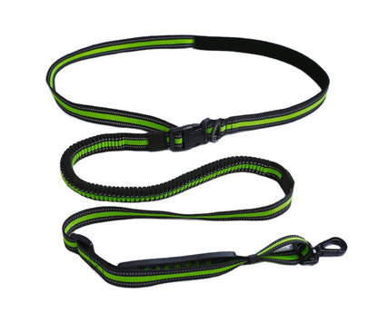 Black and neon green hands-free bungee dog leash with reflective trim, adjustable waist belt, and metal snap hook.