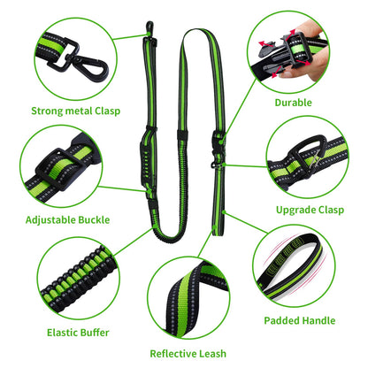 LeonaJ K-9 Co. lime green reflective hands-free bungee dog leash with padded handle, metal clasps, and elastic buffer.