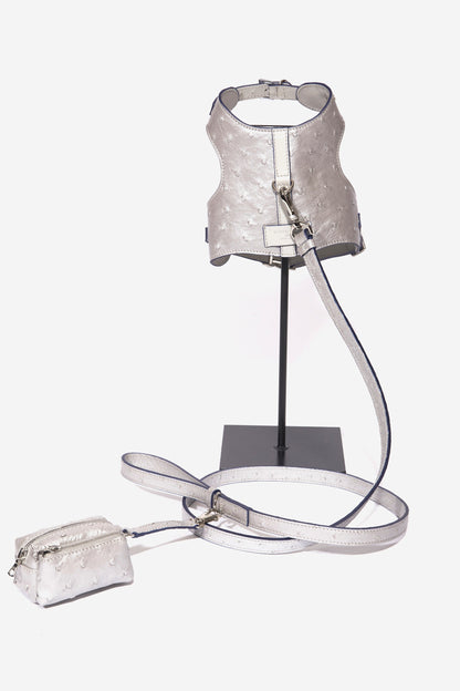 BESPOKE PAWS Silver Ostrich dog poop bag dispenser. Textured metallic pouch with zipper and clip on matching leash.