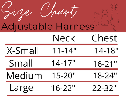 Evergreen Dream Adjustable Neoprene Dog Harness Comfort Fit size chart with neck and chest measurements for XS to Large.