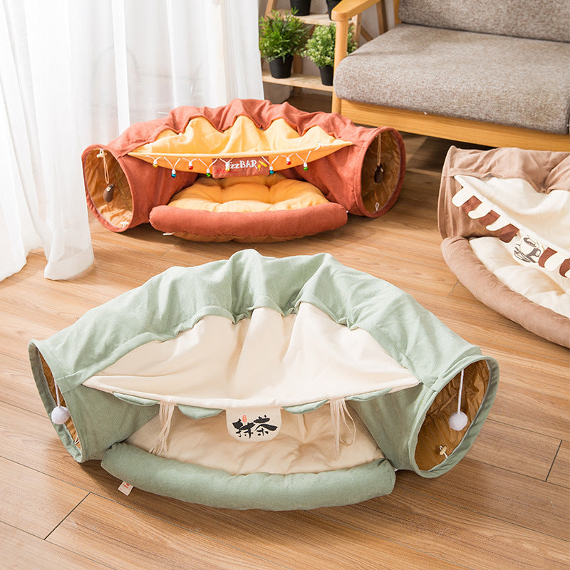 Collapsible Removable Cat Tunnel Tube With Cat Bed Set - Purrfect Pet Kingdom