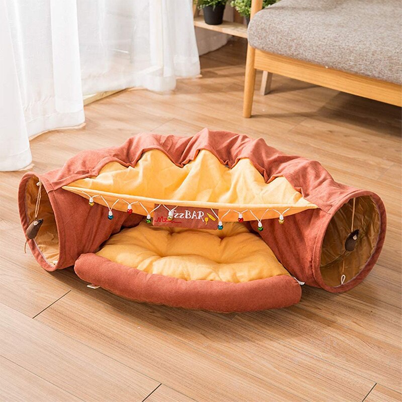 Collapsible Removable Cat Tunnel Tube With Cat Bed Set - Purrfect Pet Kingdom