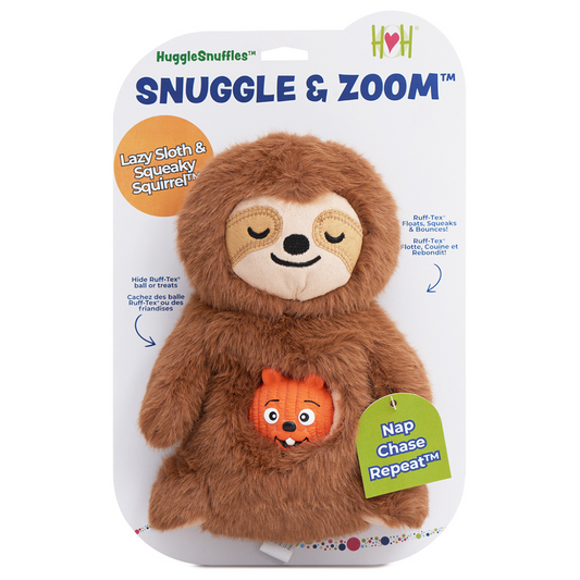 Brown plush sloth dog toy with an orange squeaky squirrel in its belly pouch. Soft fur and rubber textures.