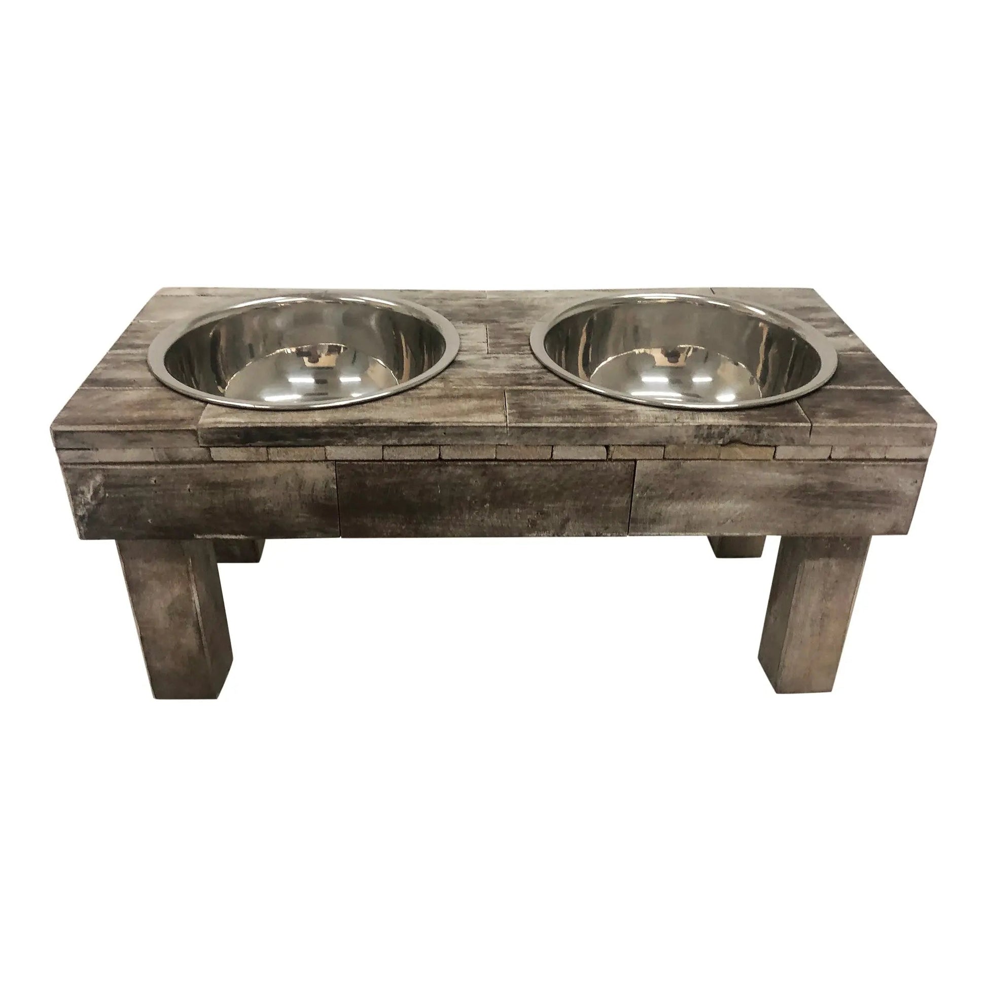 Huntley Equestrian Berjen rustic gray weathered wood elevated pet feeder with two stainless steel bowls.