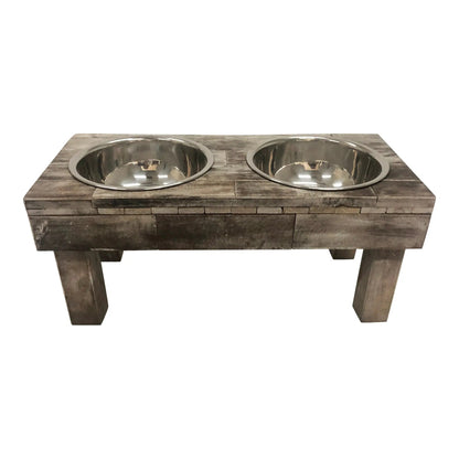 Huntley Equestrian Berjen rustic gray weathered wood elevated pet feeder with two stainless steel bowls.
