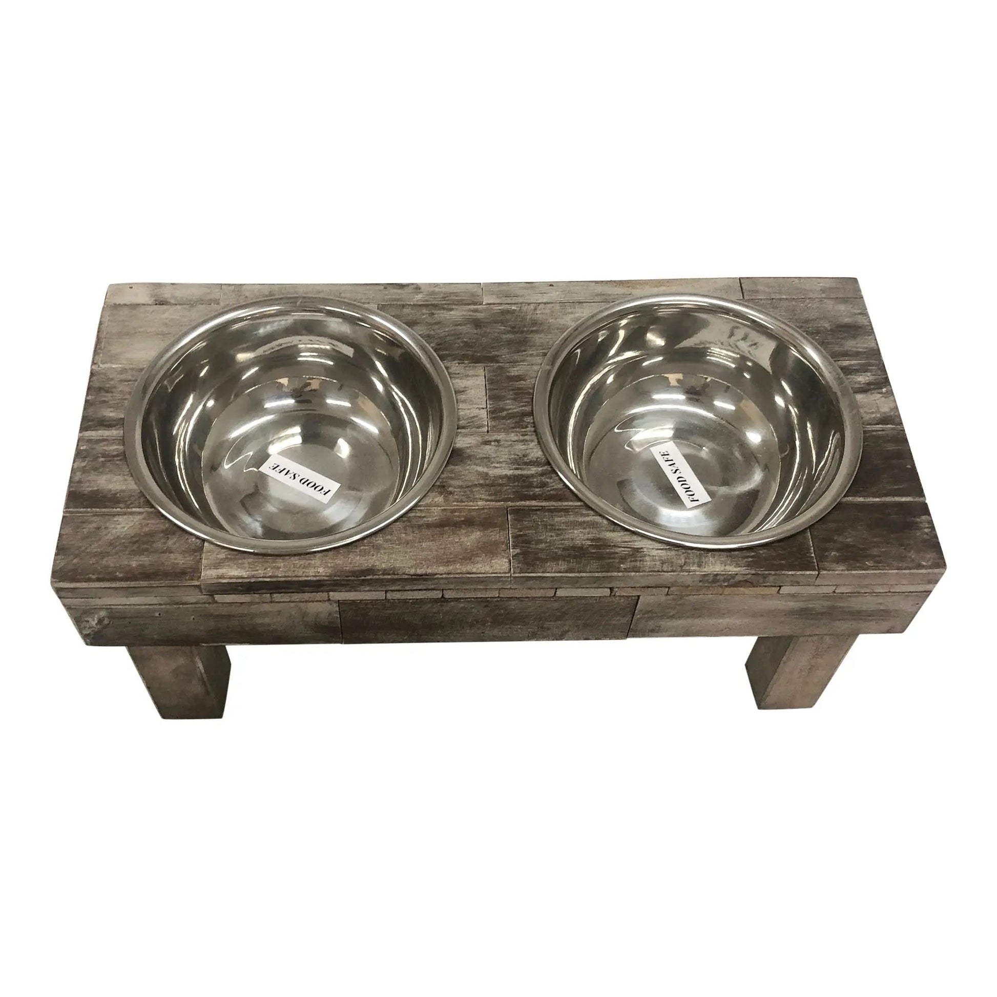 Huntley Equestrian Berjen rustic grey weathered wood elevated double feeder with two stainless steel bowls.