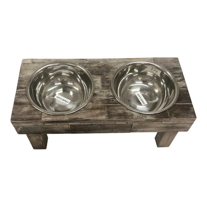Huntley Equestrian Berjen rustic grey weathered wood elevated double feeder with two stainless steel bowls.