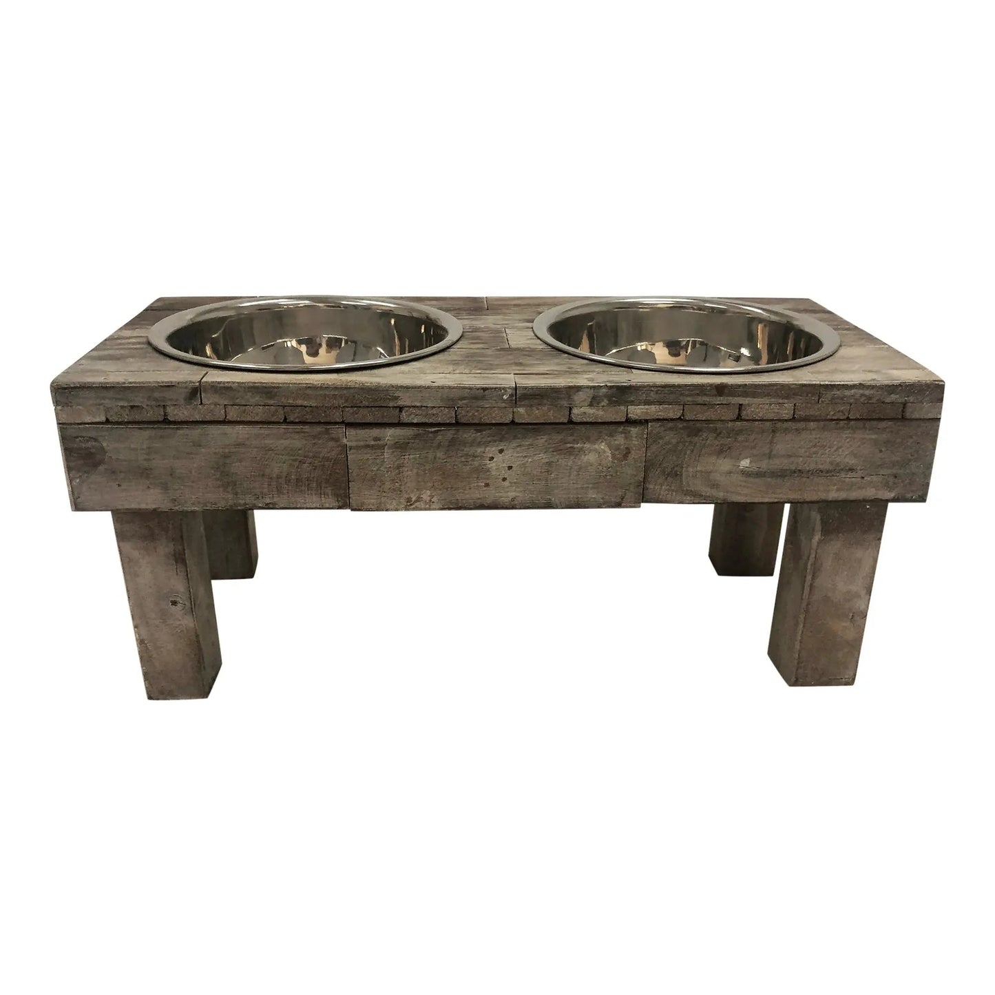 Huntley Equestrian Berjen Table: elevated rustic weathered grey wood feeder with two stainless steel bowls.