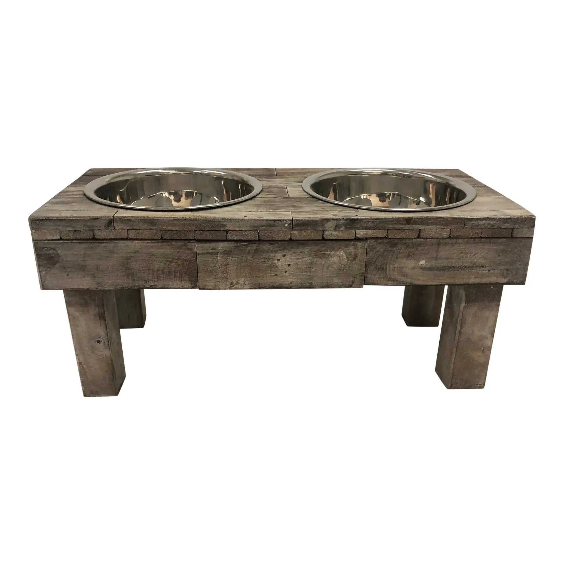 Huntley Equestrian Berjen Table: elevated rustic weathered grey wood feeder with two stainless steel bowls.