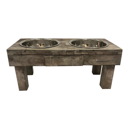 Huntley Equestrian Berjen Table: elevated rustic weathered grey wood feeder with two stainless steel bowls.