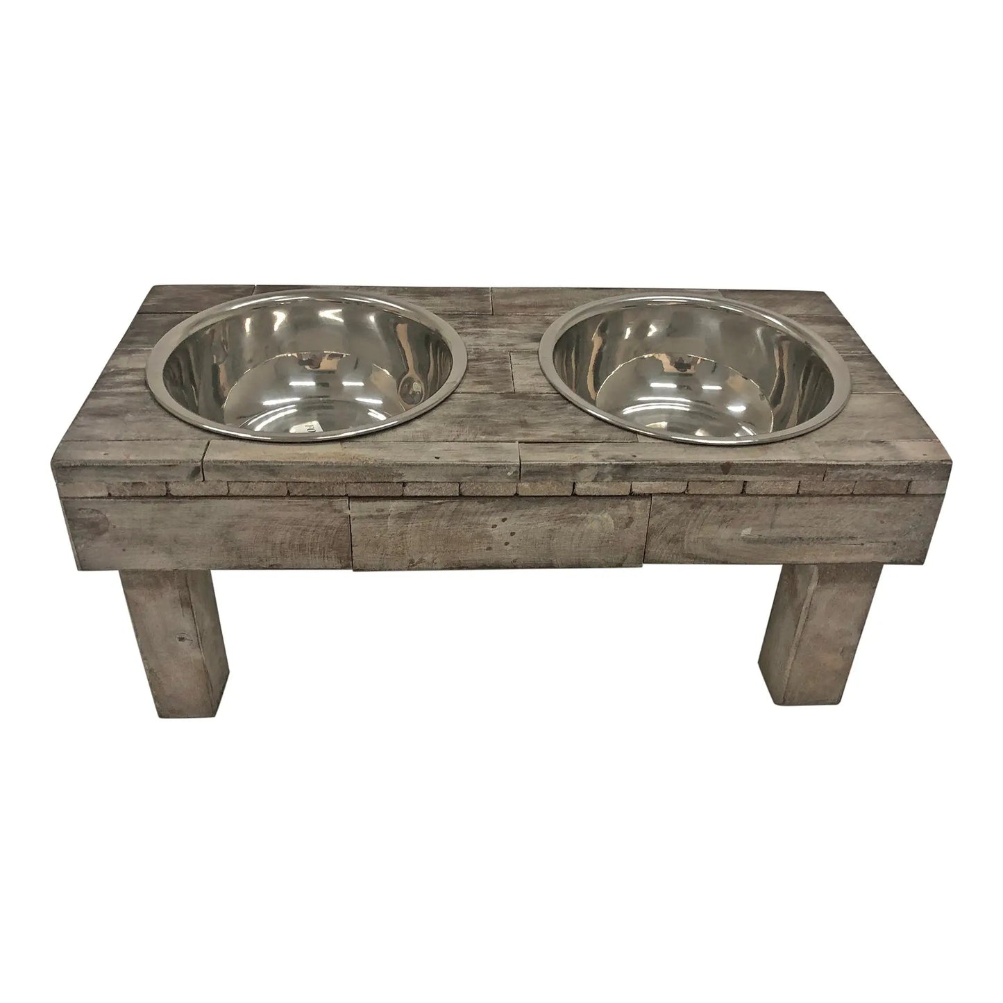Elevated rustic gray weathered wood pet feeder table with two stainless steel bowls by Huntley Equestrian.