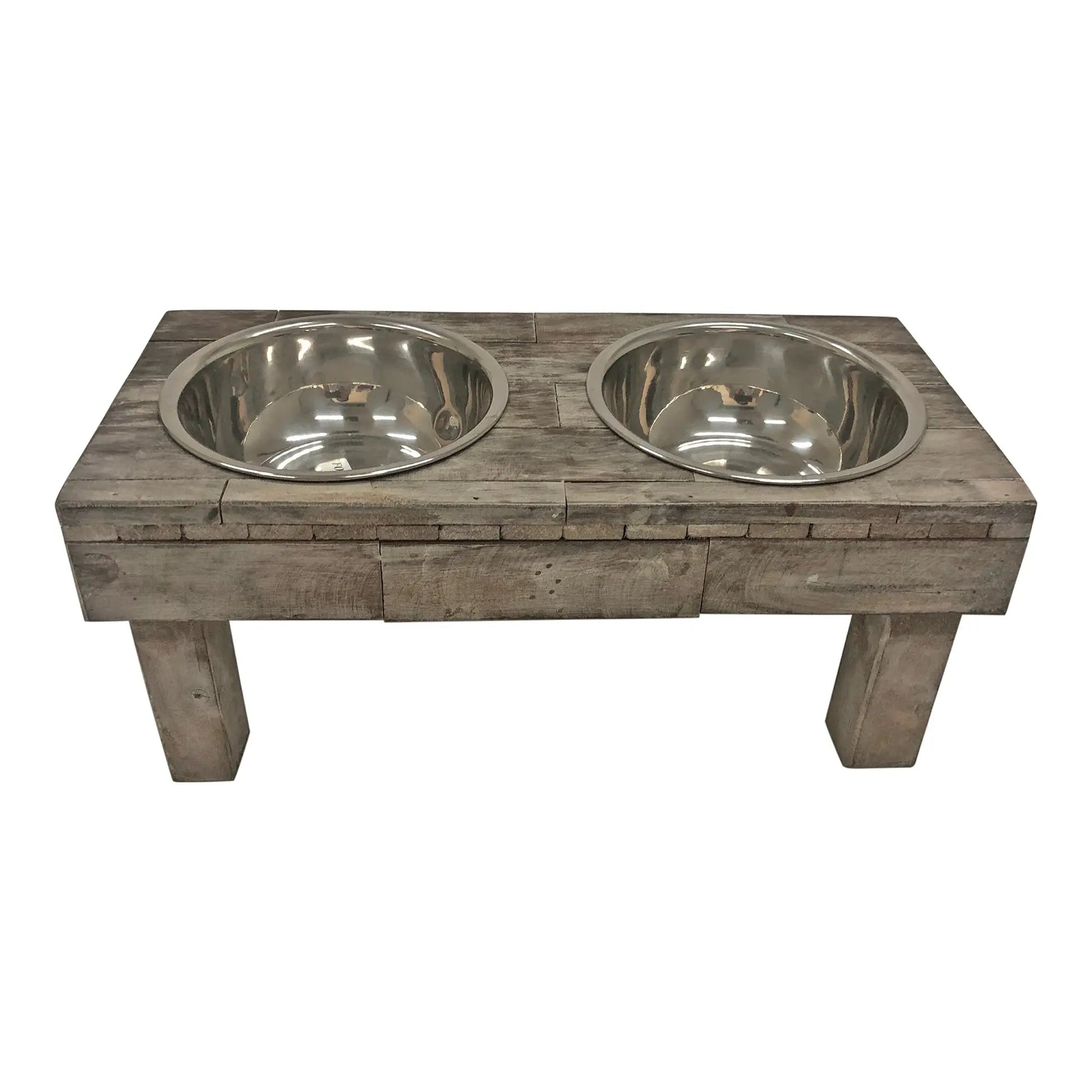 Elevated rustic gray weathered wood pet feeder table with two stainless steel bowls by Huntley Equestrian.