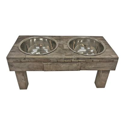 Elevated rustic gray weathered wood pet feeder table with two stainless steel bowls by Huntley Equestrian.