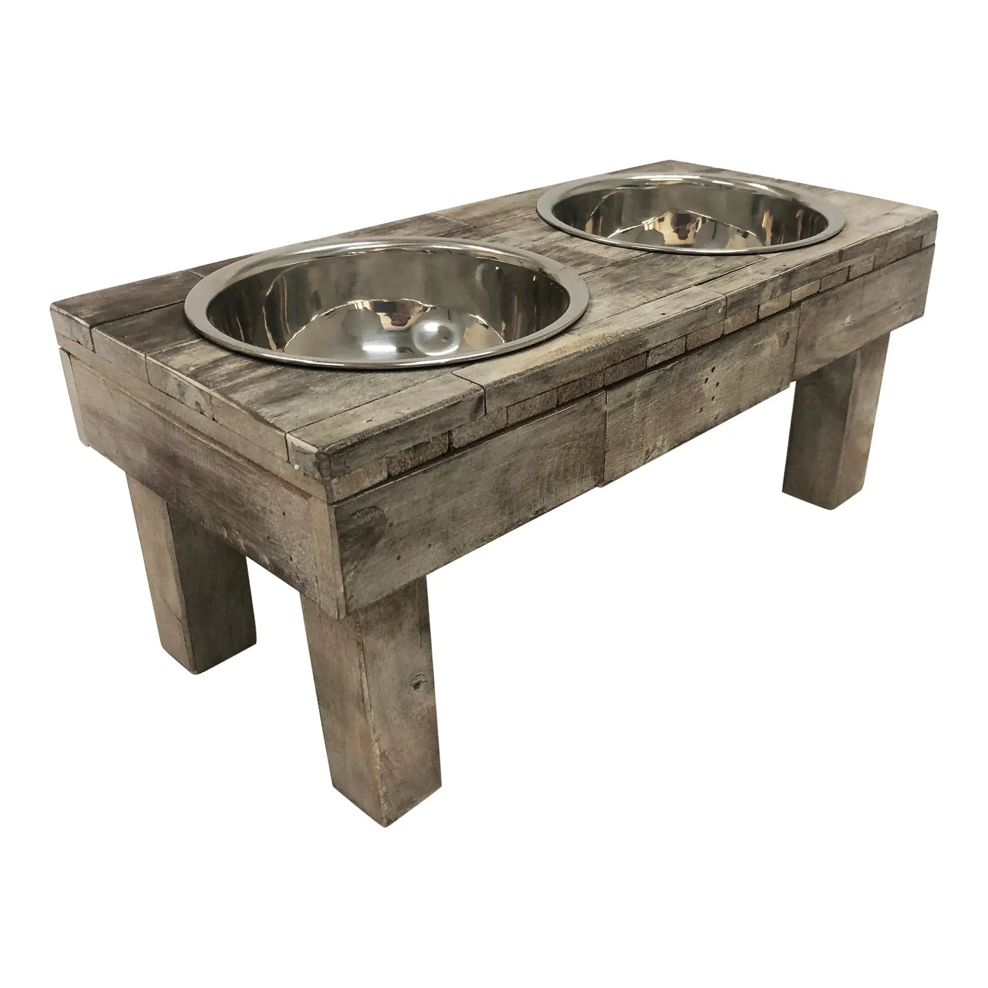 Huntley Equestrian Berjen rustic grey wood elevated table pet feeder with two stainless steel bowls.