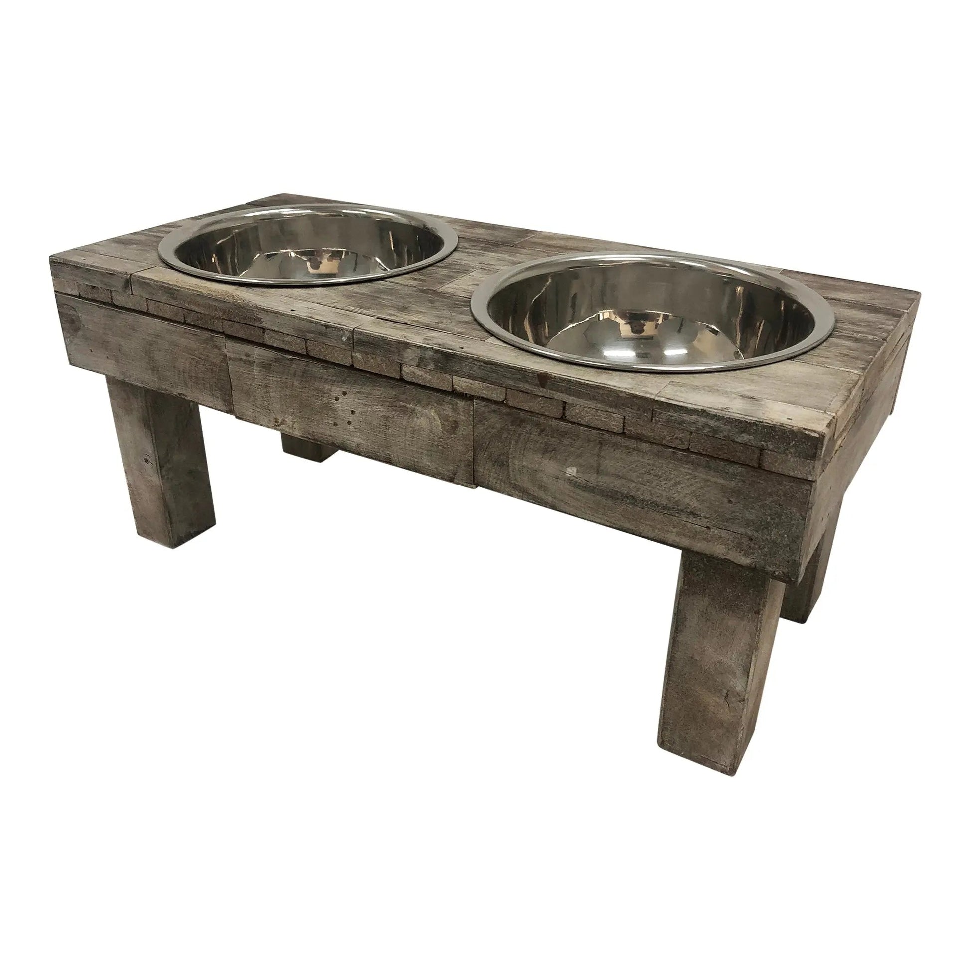 Rustic gray weathered wood elevated table-style feeder with two stainless steel bowls by Huntley Equestrian.