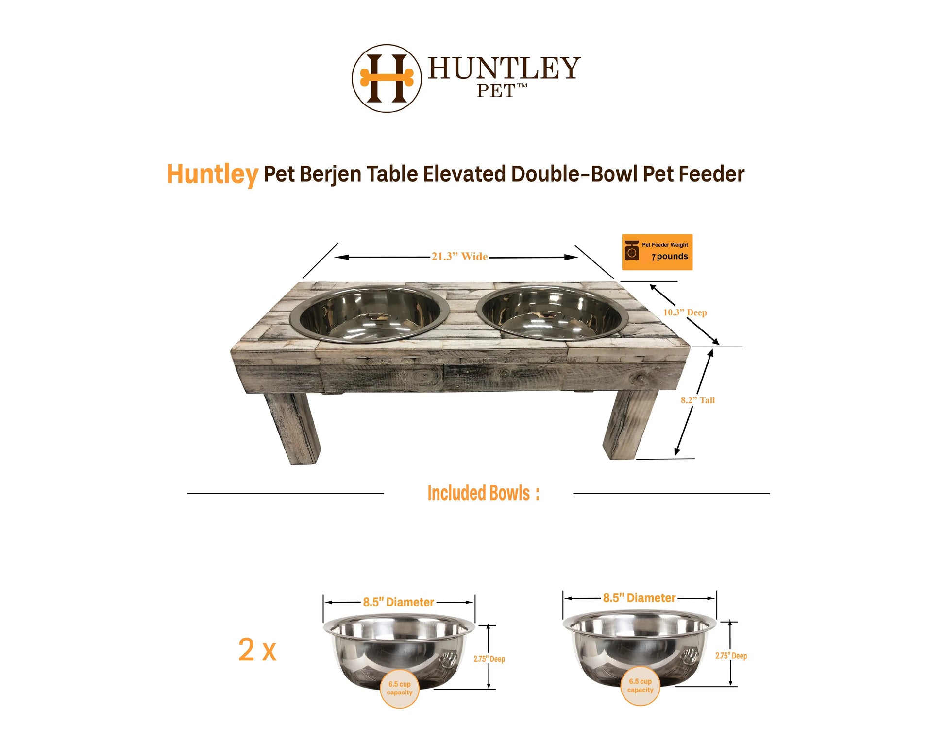 Huntley Pet Berjen Table: weathered gray wood elevated feeder with two stainless steel bowls and dimensions.