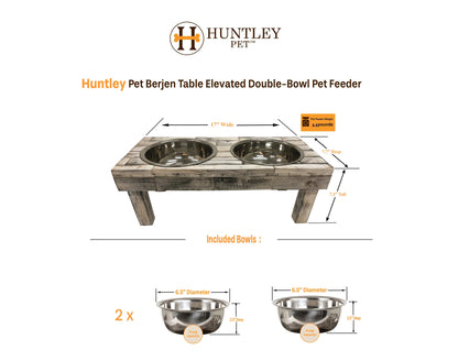 Huntley Equestrian Berjen rustic wood elevated double bowl feeder with stainless steel bowls and dimensions.