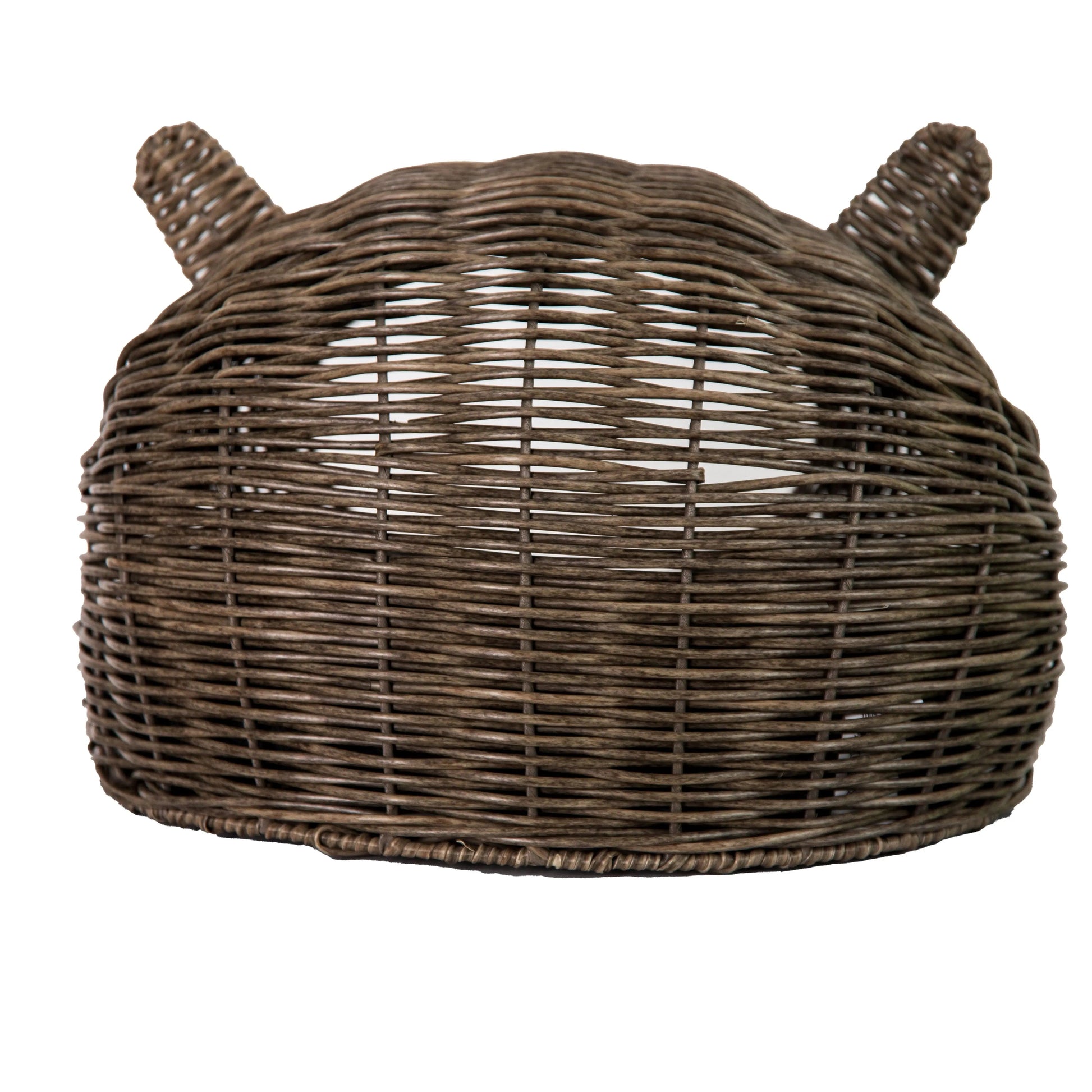 Huntley Equestrian dark brown wicker dome pet bed for small dogs with decorative woven ears on top.