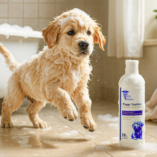 Vets Value Puppy Tearless Shampoo + Conditioner 16oz - Hypoallergenic Dog Wash for Puppies 4 Weeks & Up Gentle Formula Soothes Sensitive Skin, Softens Coat, Nourishing, Healthy Grooming - pH Balanced - Horizon Animal Care
