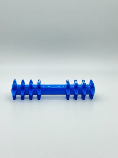 Bright blue durable plastic dog toy featuring a central bar with two sets of four spiked rings for chewing.