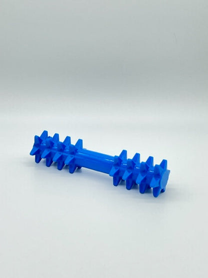 Bright blue Toys N Treats Box Double the Spikez rubber dog toy with textured spiked ends and a smooth center.