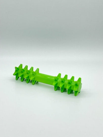 Lime green Double the Spikez rubber dog toy featuring two sets of pointed spikes and a smooth central bar.