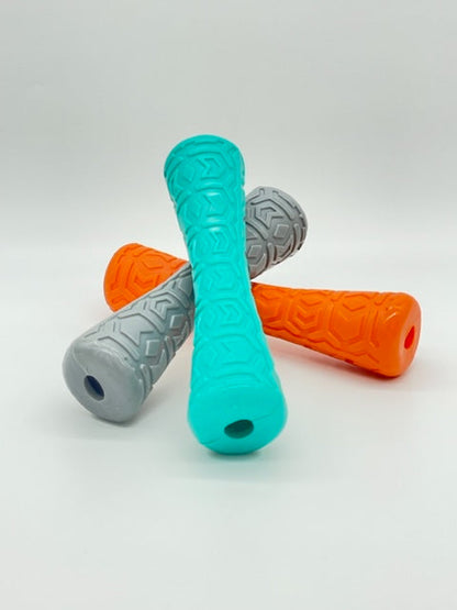 Three textured rubber Durable Dog Battons in teal, orange, and grey by Toys N Treats Box.