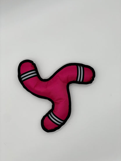 Pink 3-armed Ruff N Tuff Boomerang dog toy with black piping and reflective silver stripes on durable nylon fabric.