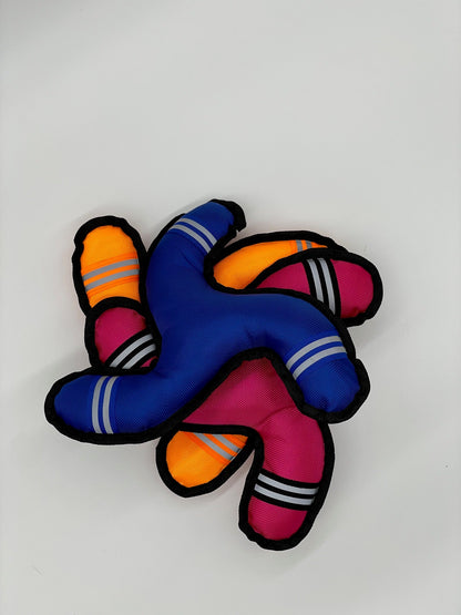 Ruff N Tuff Boomerang dog toy: Durable blue, pink, and orange nylon with black trim and reflective silver stripes.