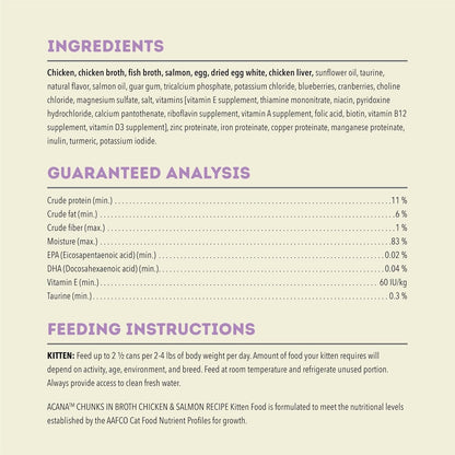 Close up view of Purrfect Pet Kingdom Eco-Friendly Acana Grain Free Chunks in Broth Kitten Chicken & Salmon Wet For Cats