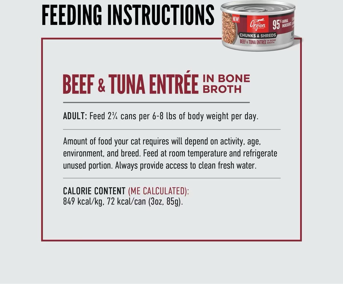 Orijen Grain Free Chunks & Shreds Beef & Tuna Wet Cat Food (3oz) - Orijen Wet Cat Food - The Family Pet