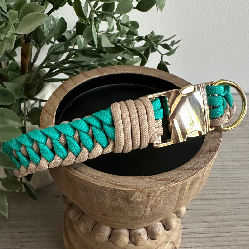 Infinity Braid in Teal & Light Tan - Handmade Dog Collar