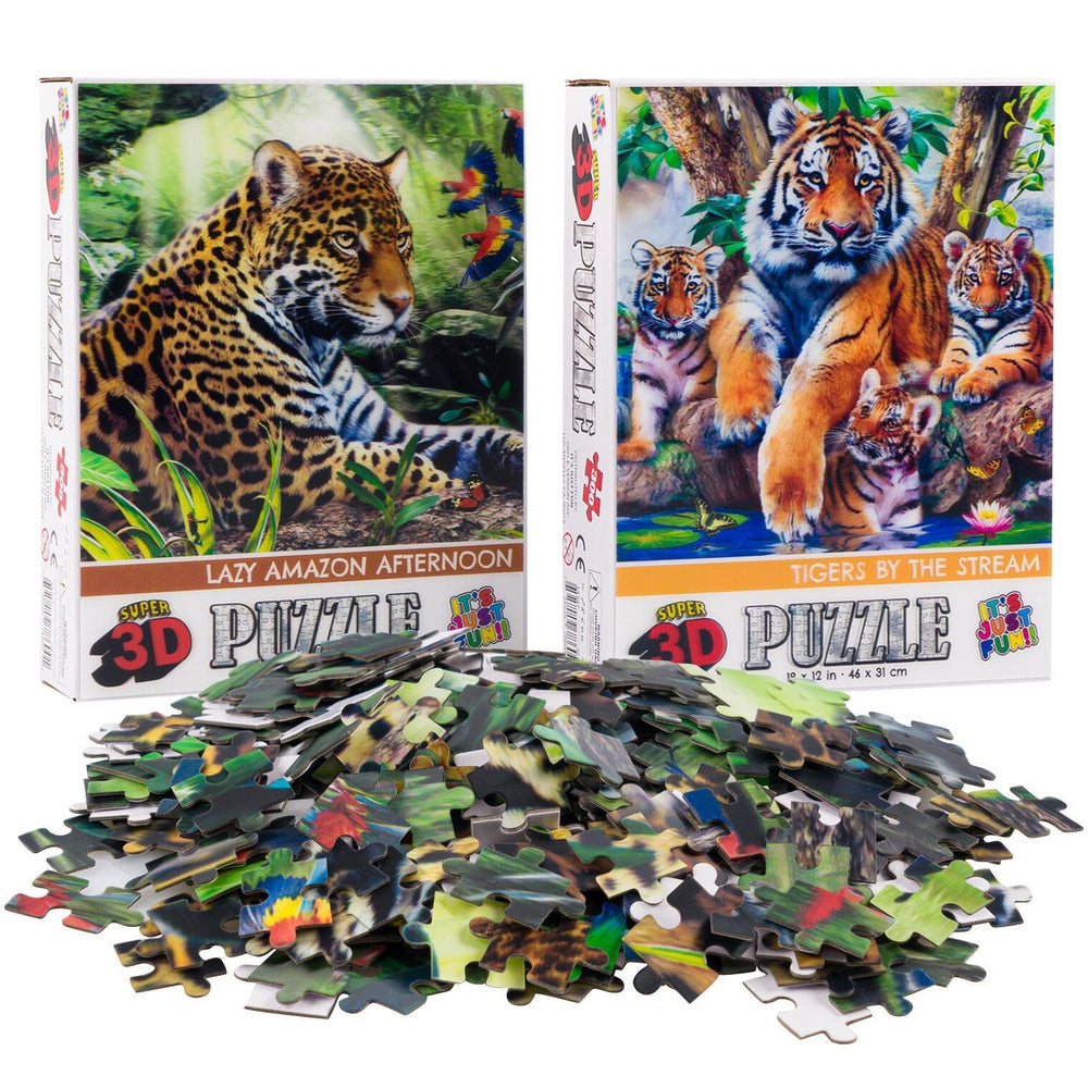 Jaguar & Tigers Set of 2 300 Piece Lenticular Jigsaw Puzzles Prime 3D