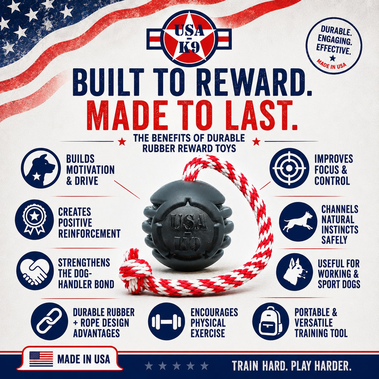 USA-K9 Magnum Stars and Stripes Rubber toy | K9 Handler