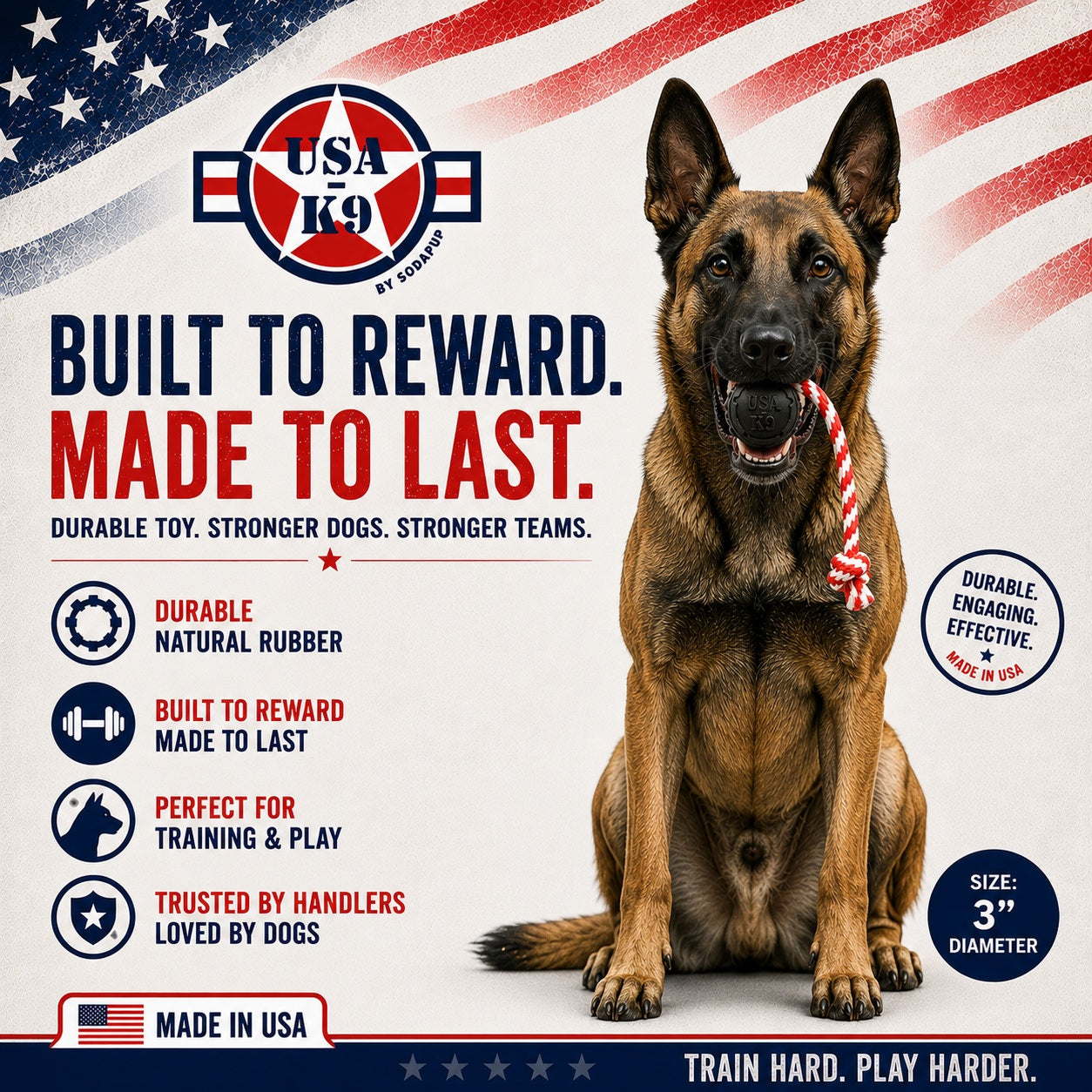 USA-K9 Magnum Stars and Stripes Rubber toy | K9 Handler