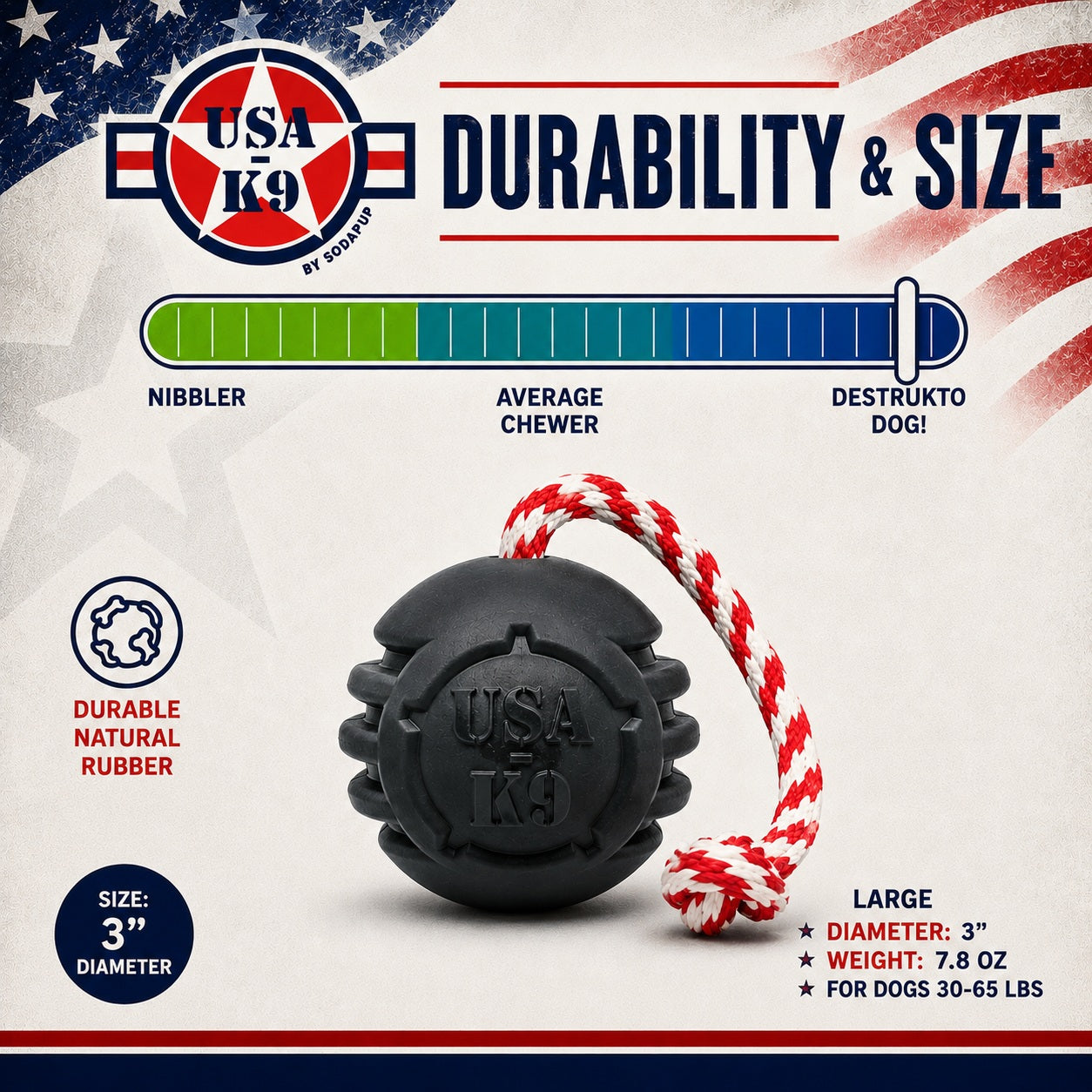 USA-K9 Magnum Stars and Stripes Rubber toy | K9 Handler