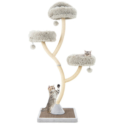 70" tall branch cat tree with 3 plush gray perches and sisal posts. Two tabby cats are playing and resting on it.