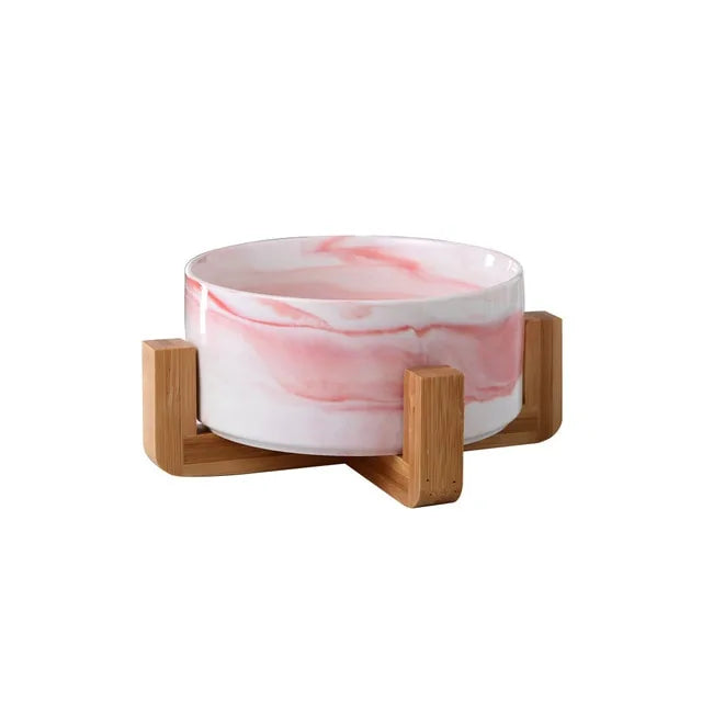 Ceramic Raised Cat Bowl w/ Wood Stand - Ameraeon