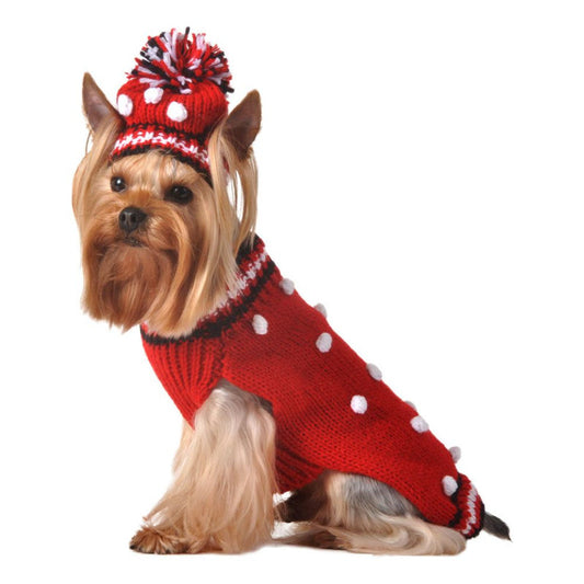 Red Bobble Dog Sweater with matching Hat