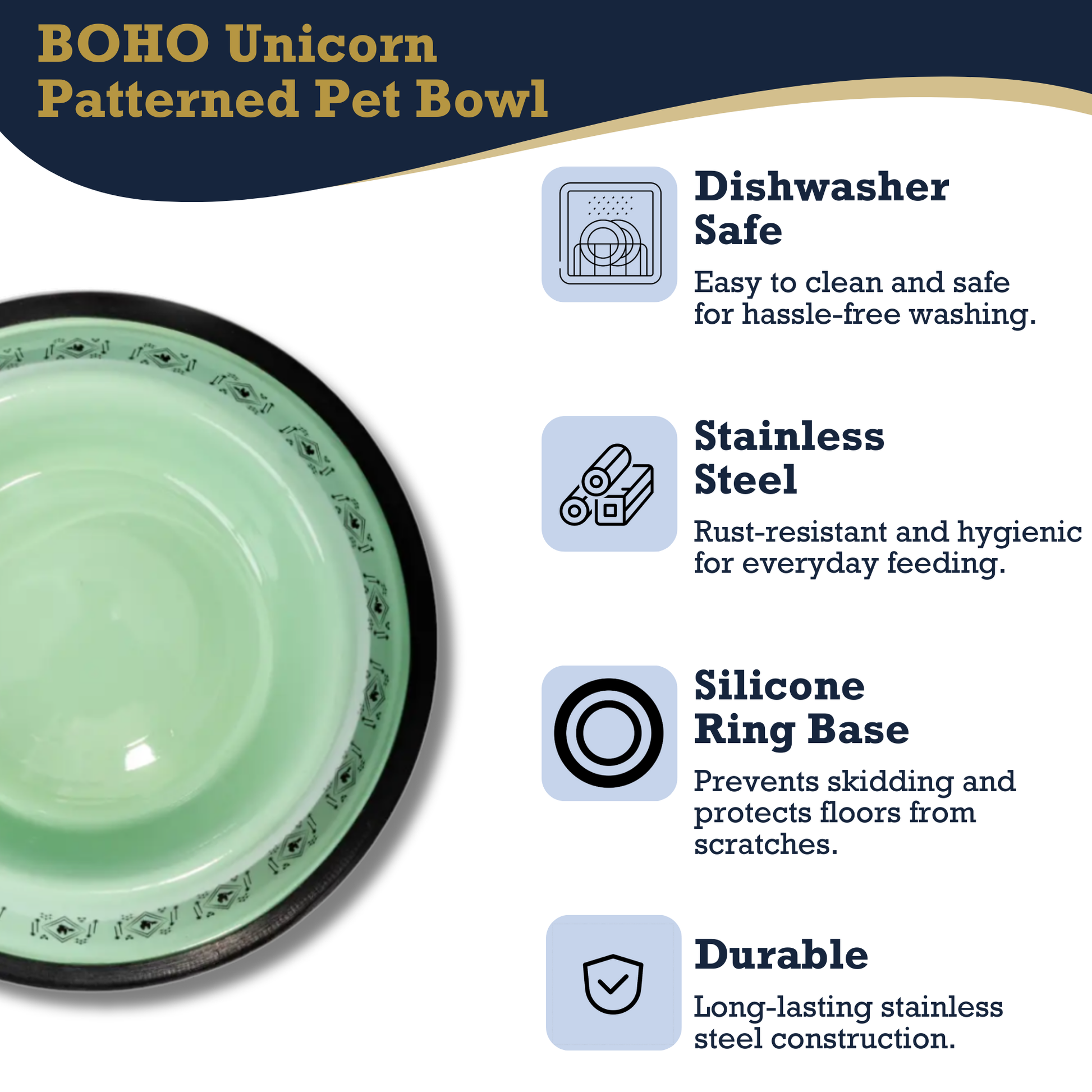 Non-Skid Boho Stainless Steel Dog Bowl – with Whimsical Unicorn Design, Silicone Base for Medium Dogs – 24oz - Purrfect Pet Kingdom
