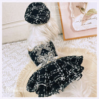Luxury Black Tweed Rhinestone Dog Dress with Hat ? Elegant French Couture Style
