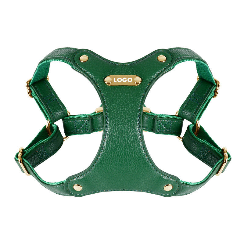 Luxury Leather Dog Harness & Leash Set – Brown/Green